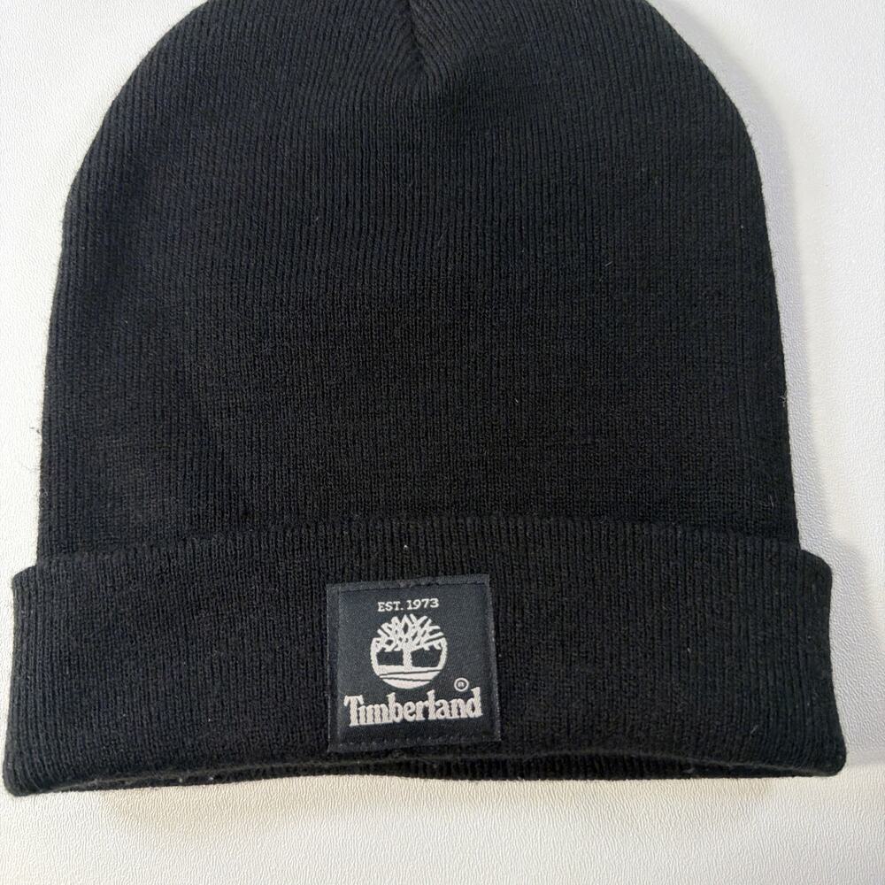 Timberland Black Knit Cuffed Beanie Hat for Men, Solid, One Size OS